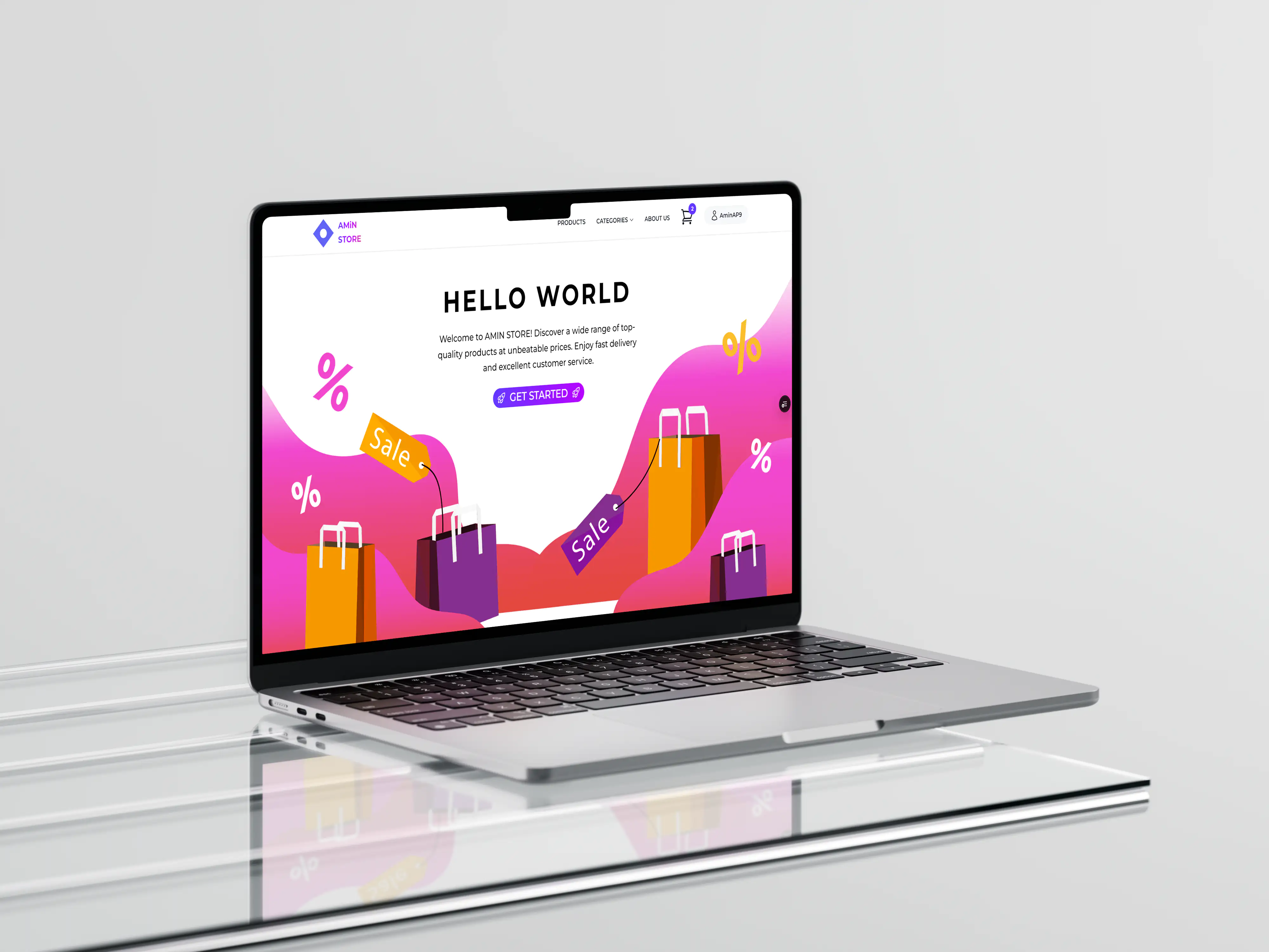 Amin Store interface shown in a laptop mockup